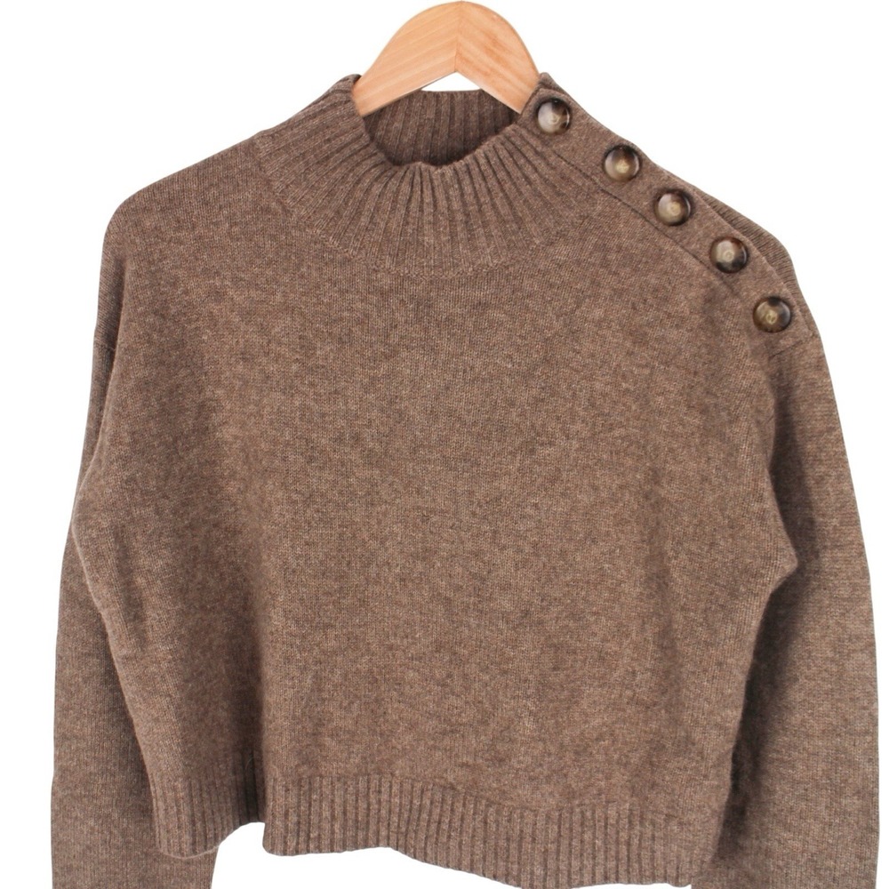 Sézane 100% Yak Wool Brown Mock Neck Cropped Sweater Button Shoulder Small - Picture 2 of 5